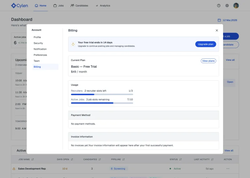 Cylen: налаштування білінгу з лімітами тарифу та станом пробного періоду